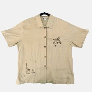 Cervelle Tan Safari Theme Short Sleeve Silk Button Up Top Size L